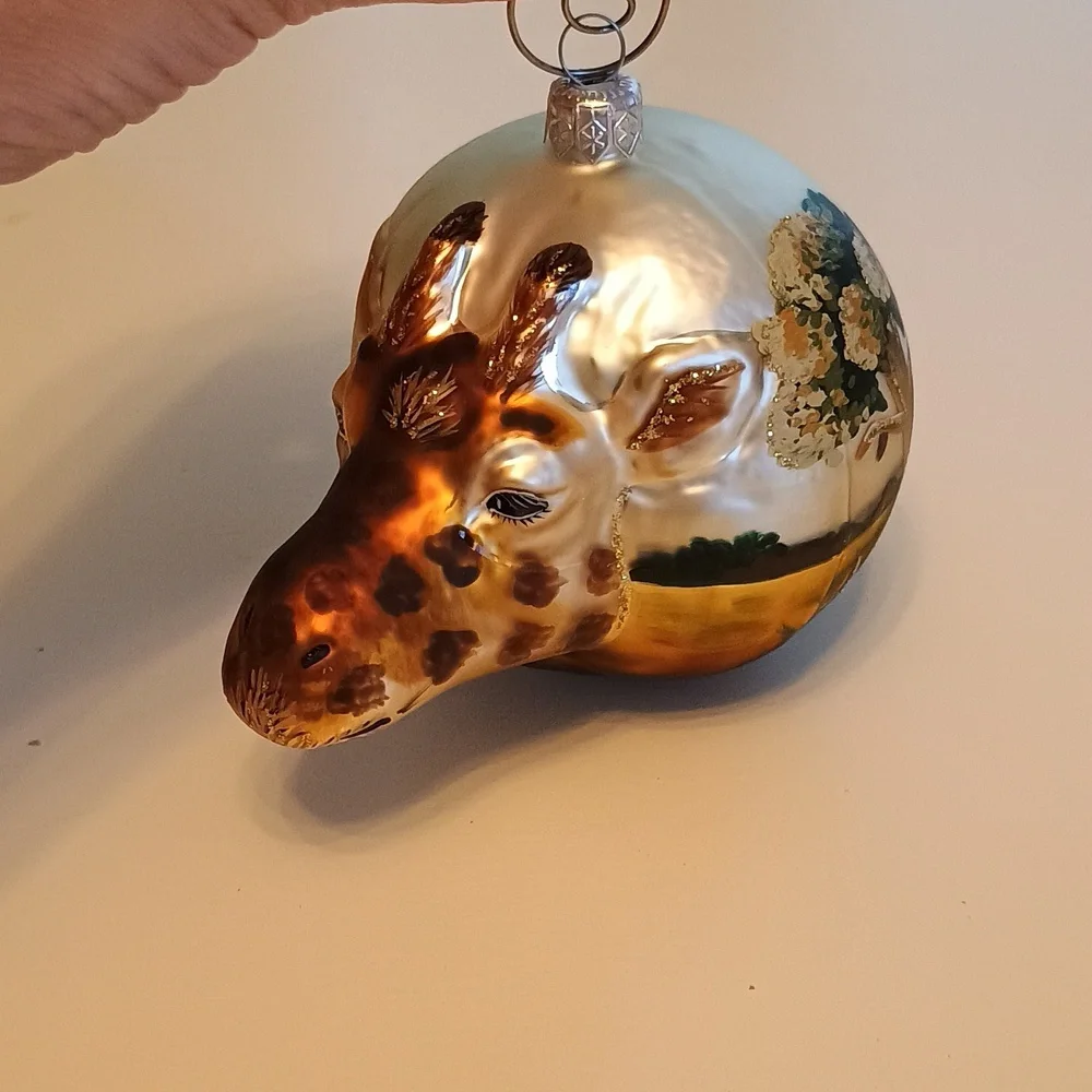 Hand Blown Glass Giraffe Head Christmas Ornament Hand Painted in Gold and Brown